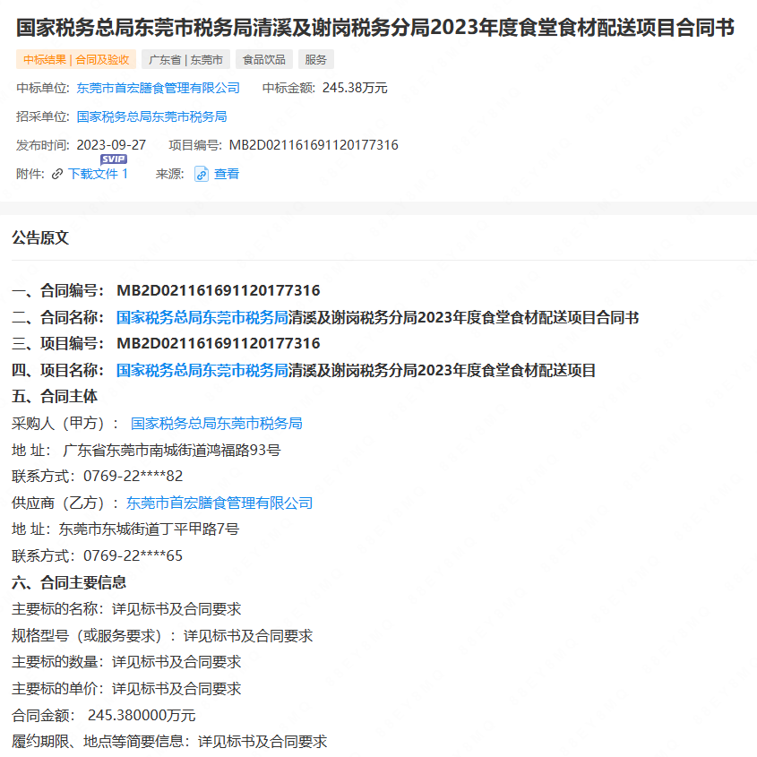 國家稅務(wù)總局東莞市稅務(wù)局清溪及謝崗稅務(wù)分局2023年度食堂食材配送項(xiàng)目合同書